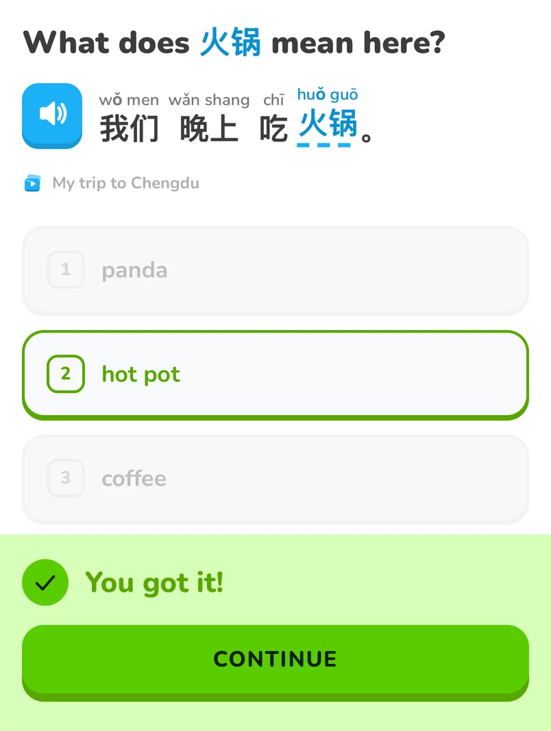 A review question: What does 火锅 mean here? The answer hot pot is correct.